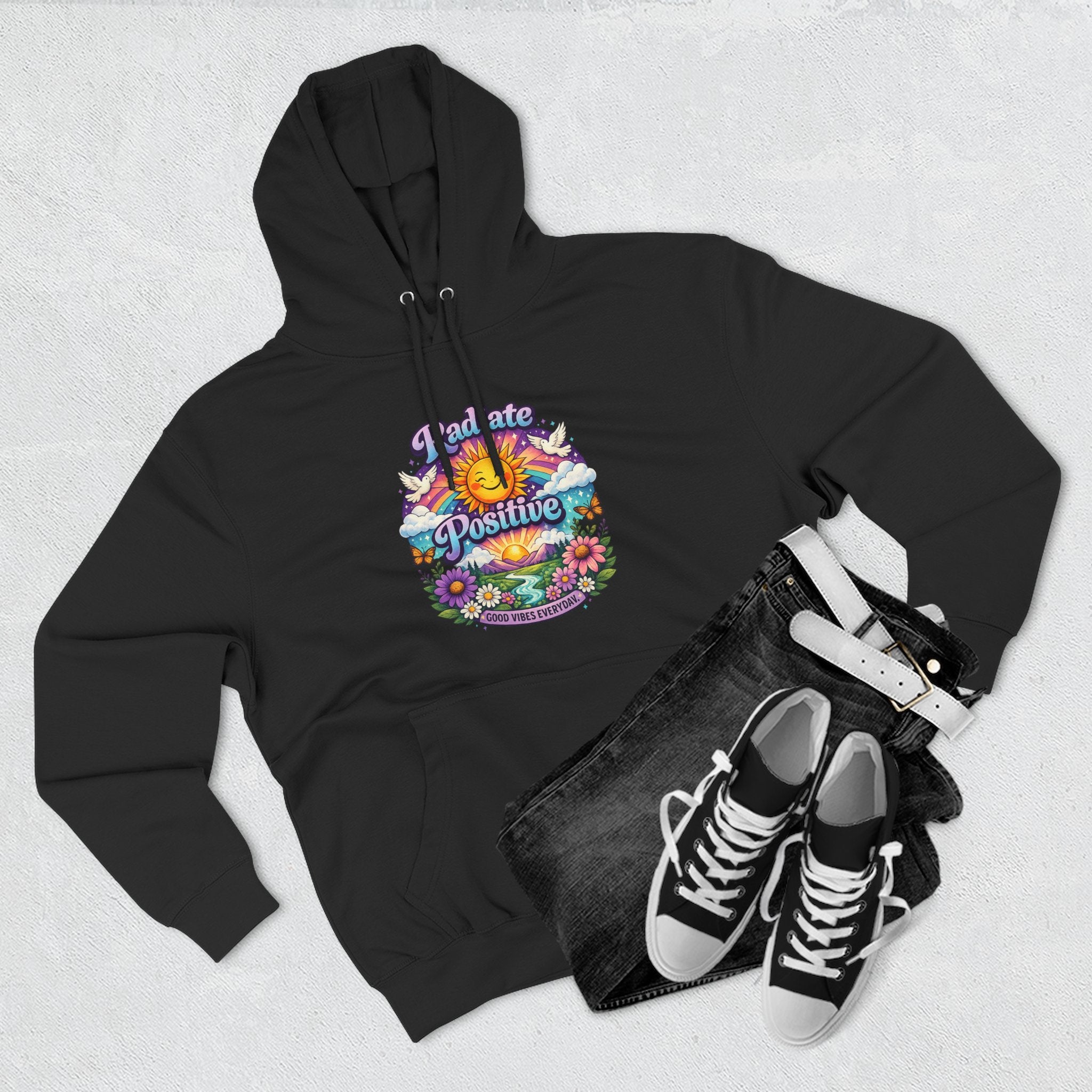 Radiate Positive Hoodie – Front Graphic with Cuddle Crew Back Design | Purple Teal Sunshine Hoodie | Positive Vibes Mental Health Apparel