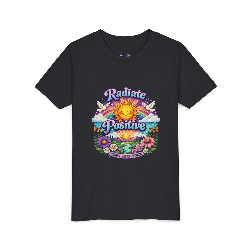 Youth Radiate Positive T-Shirt – Purple & Teal Retro Sunshine Inspirational Graphic Tee | Good Vibes Everyday Boho Floral Shirt | Motivational Mental Health Apparel