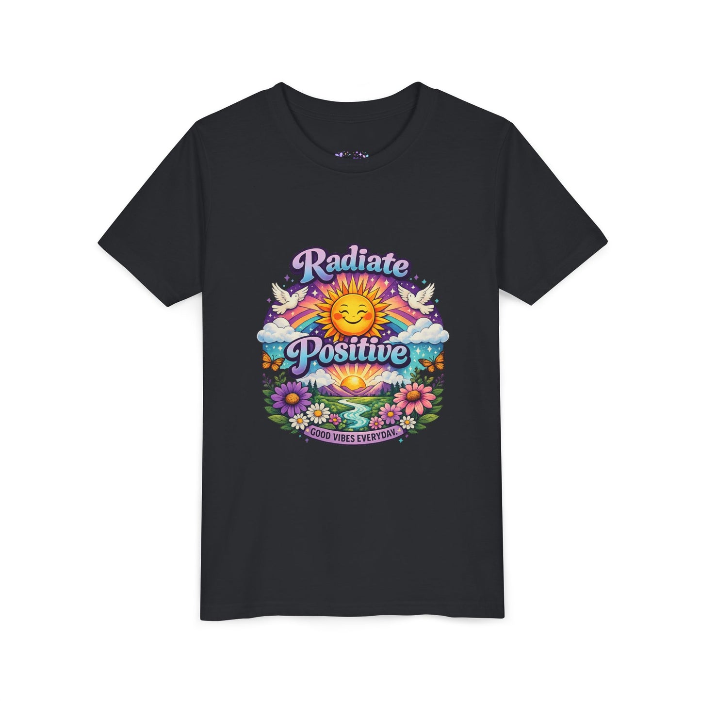 Youth Radiate Positive T-Shirt – Purple & Teal Retro Sunshine Inspirational Graphic Tee | Good Vibes Everyday Boho Floral Shirt | Motivational Mental Health Apparel