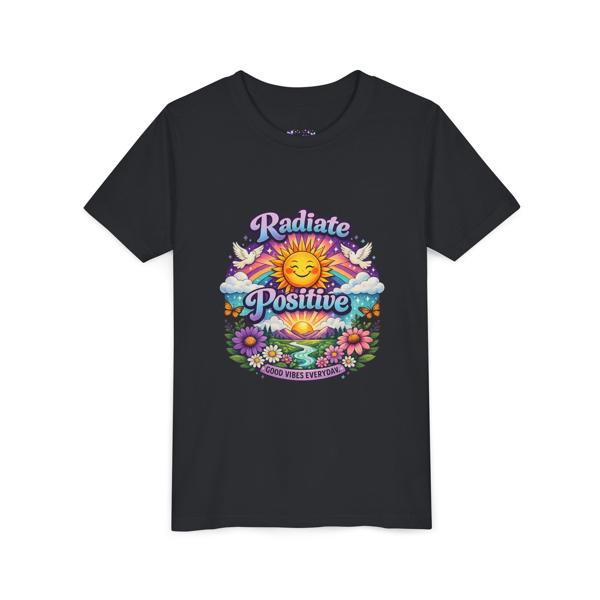 Youth Radiate Positive T-Shirt – Purple & Teal Retro Sunshine Inspirational Graphic Tee | Good Vibes Everyday Boho Floral Shirt | Motivational Mental Health Apparel