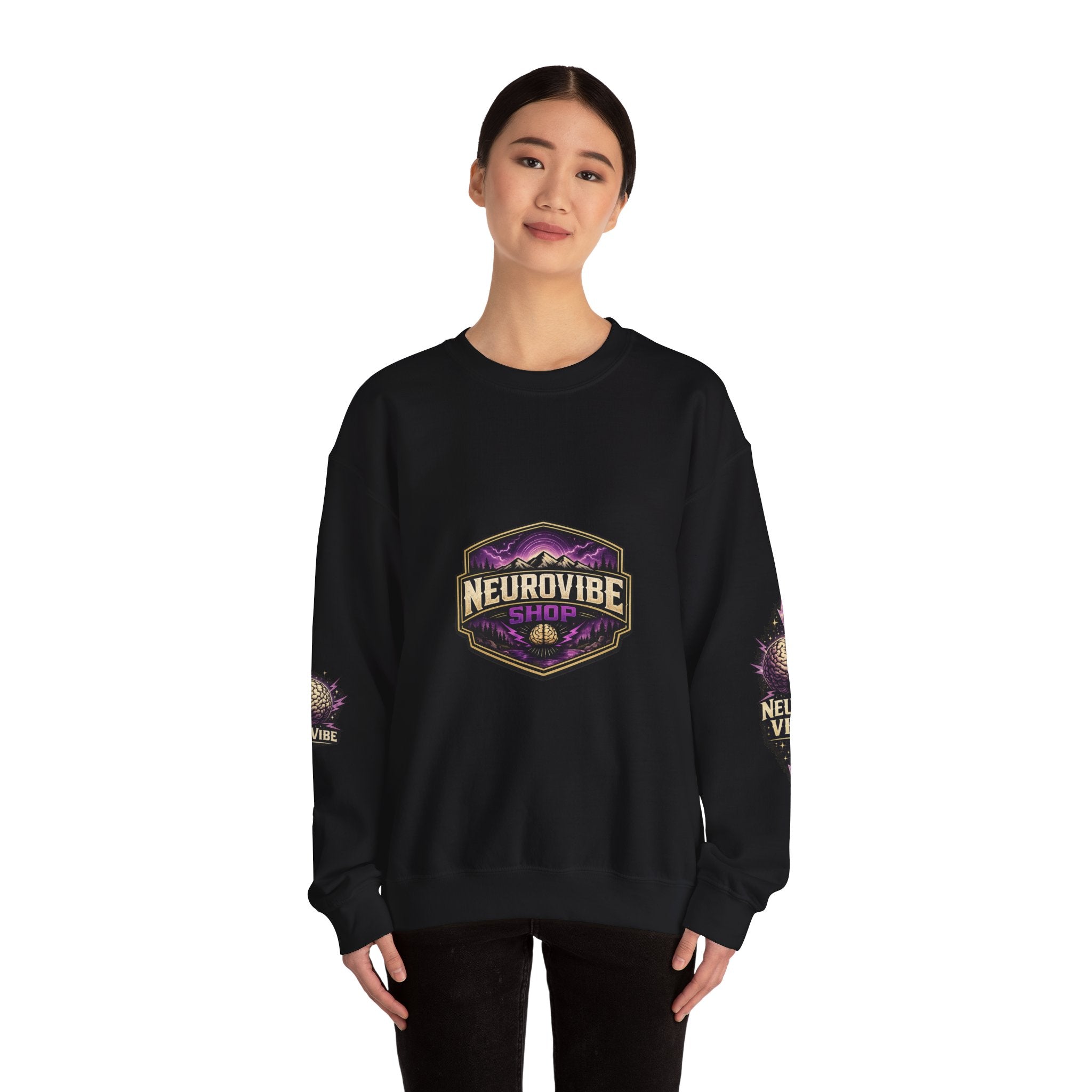 NeuroVibe Shop Ignite Your Mind Crewneck Sweatshirt | Purple Lightning Brain Graphic | Neurodiversity Awareness Pullover | Motivational Mental Health Apparel
