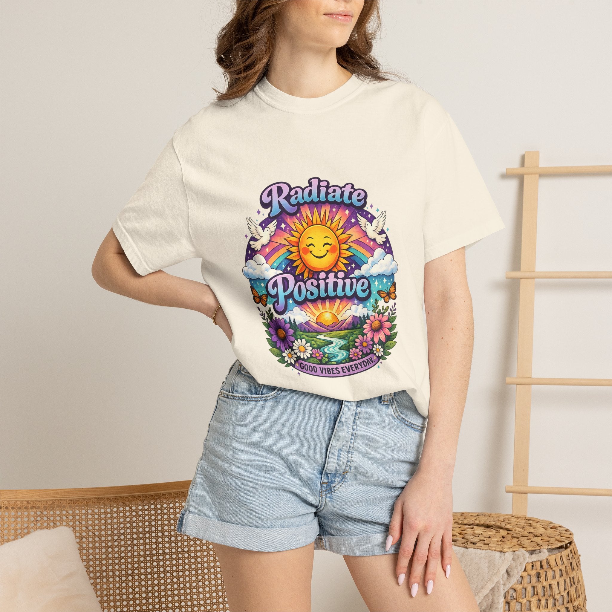 Radiate Positive Shirt – Groovy Purple & Teal Sunshine Floral Tee | Mental Health Awareness Gift