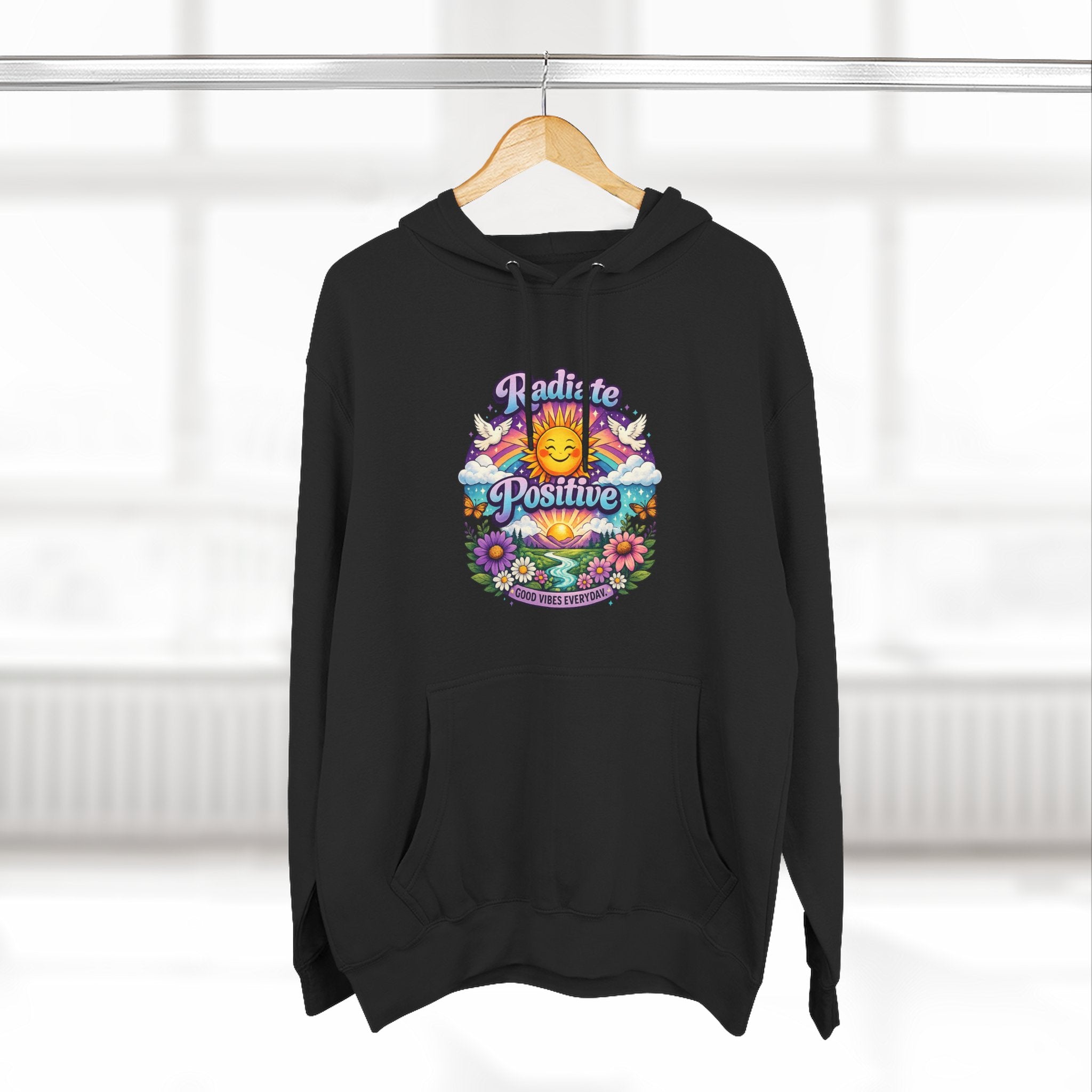 Radiate Positive Hoodie – Front Graphic with Cuddle Crew Back Design | Purple Teal Sunshine Hoodie | Positive Vibes Mental Health Apparel