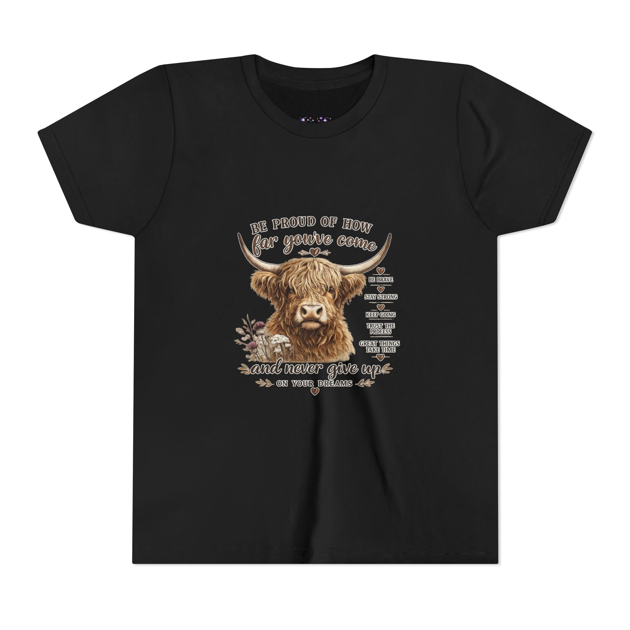Highland Cow Kids T-Shirt | Be Proud of How Far You’ve Come Motivational Youth Tee | Inspirational Farm Animal Shirt for Boys & Girls