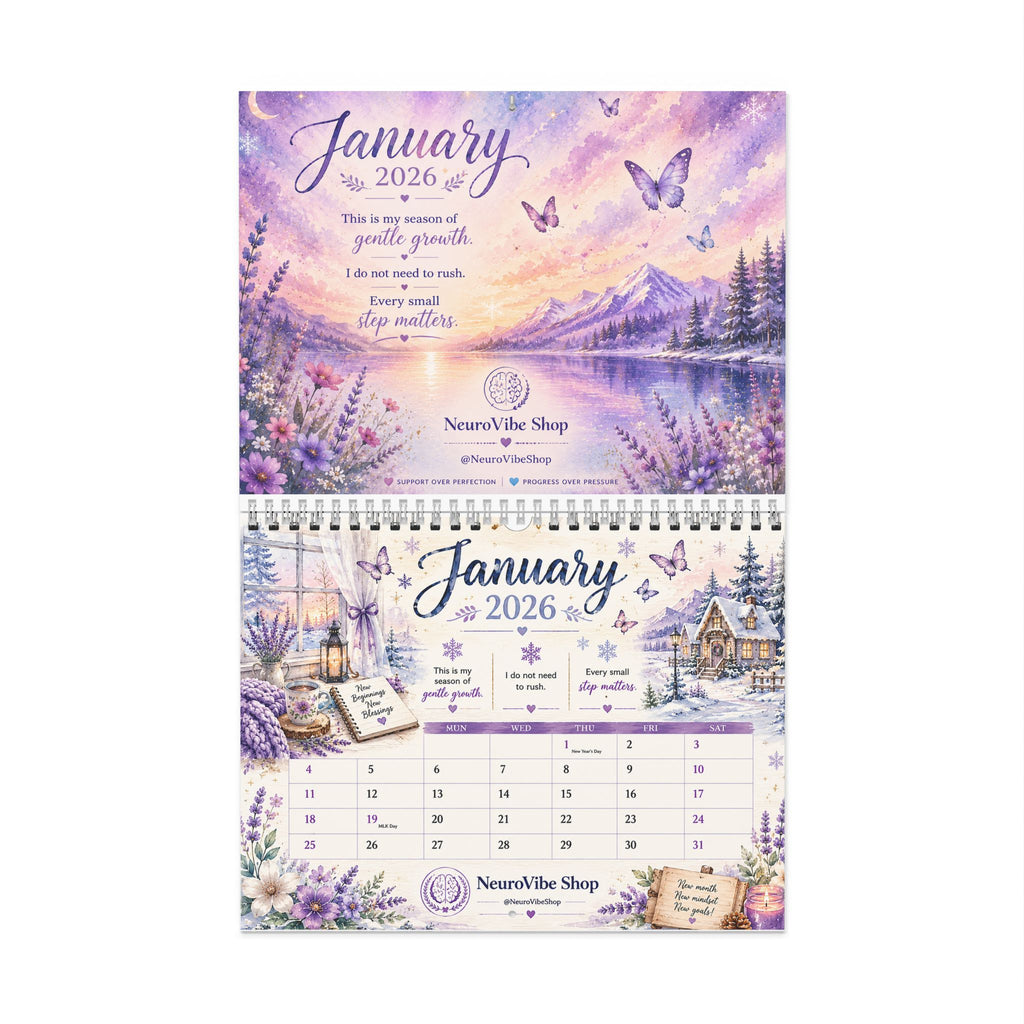 NeuroVibe 2026 Inspirational Wall Calendar | Watercolor Monthly Planner with Positive Affirmations, Mental Wellness Quotes, Purple Pastel Artwork & Organization Calendar