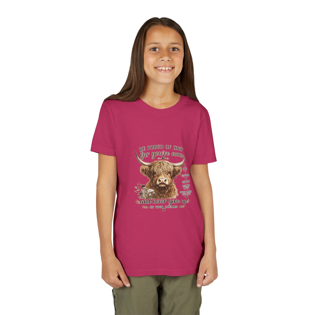 Highland Cow Kids T-Shirt | Be Proud of How Far You’ve Come Motivational Youth Tee | Inspirational Farm Animal Shirt for Boys & Girls