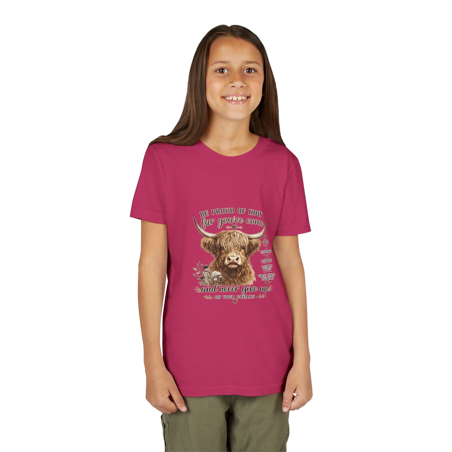 Highland Cow Kids T-Shirt | Be Proud of How Far You’ve Come Motivational Youth Tee | Inspirational Farm Animal Shirt for Boys & Girls