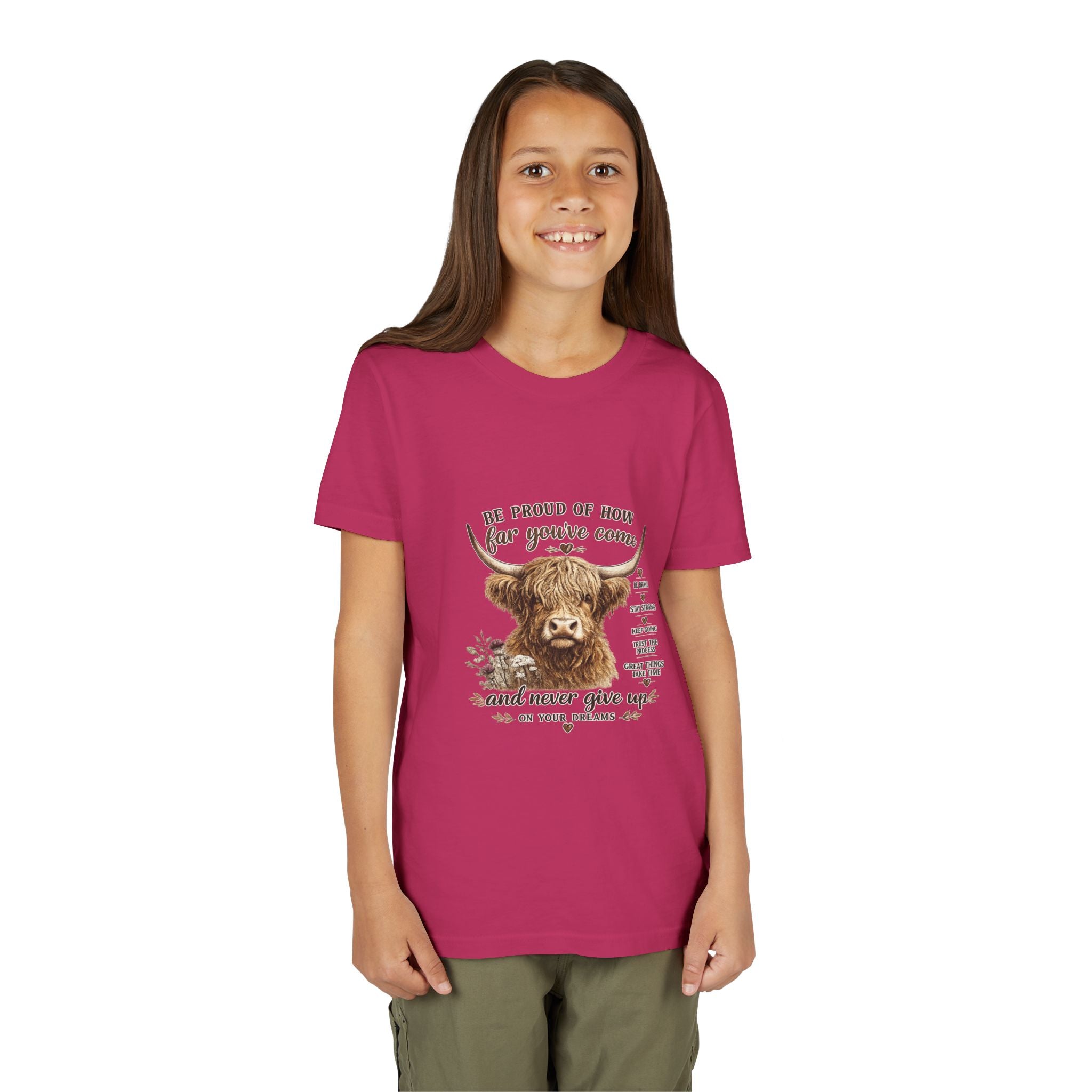 Highland Cow Kids T-Shirt | Be Proud of How Far You’ve Come Motivational Youth Tee | Inspirational Farm Animal Shirt for Boys & Girls