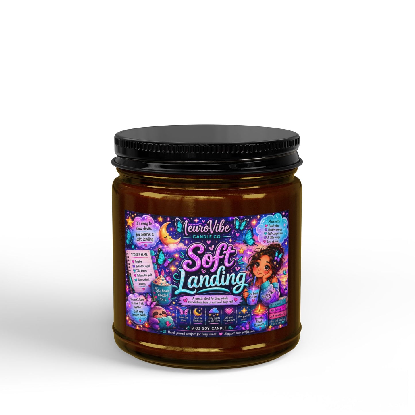 Soft Landing Scented Soy Candle — Calming Aromatherapy Jar (4oz & 9oz, Black Lid)