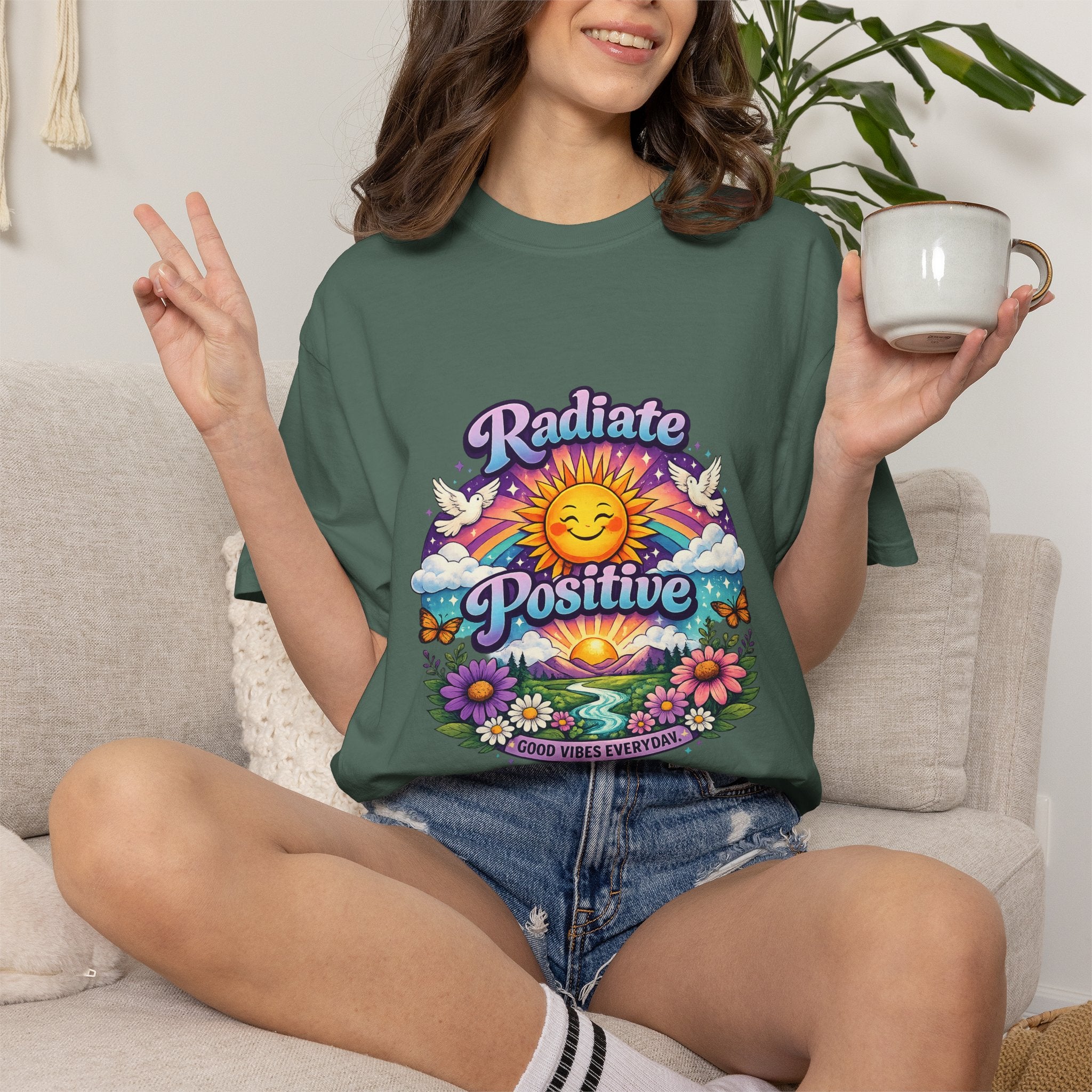 Radiate Positive Shirt – Groovy Purple & Teal Sunshine Floral Tee | Mental Health Awareness Gift