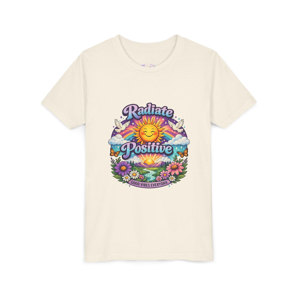 Youth Radiate Positive T-Shirt – Purple & Teal Retro Sunshine Inspirational Graphic Tee | Good Vibes Everyday Boho Floral Shirt | Motivational Mental Health Apparel
