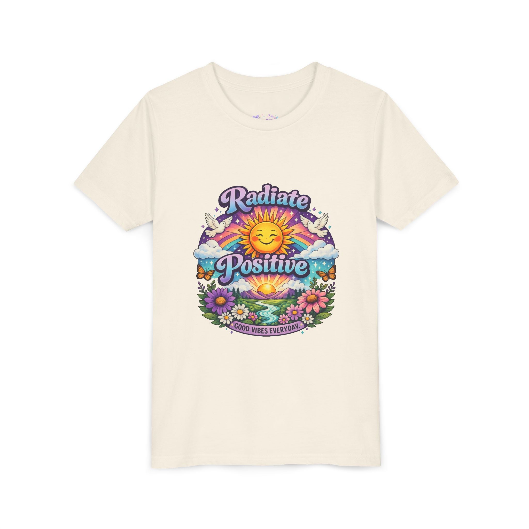 Youth Radiate Positive T-Shirt – Purple & Teal Retro Sunshine Inspirational Graphic Tee | Good Vibes Everyday Boho Floral Shirt | Motivational Mental Health Apparel