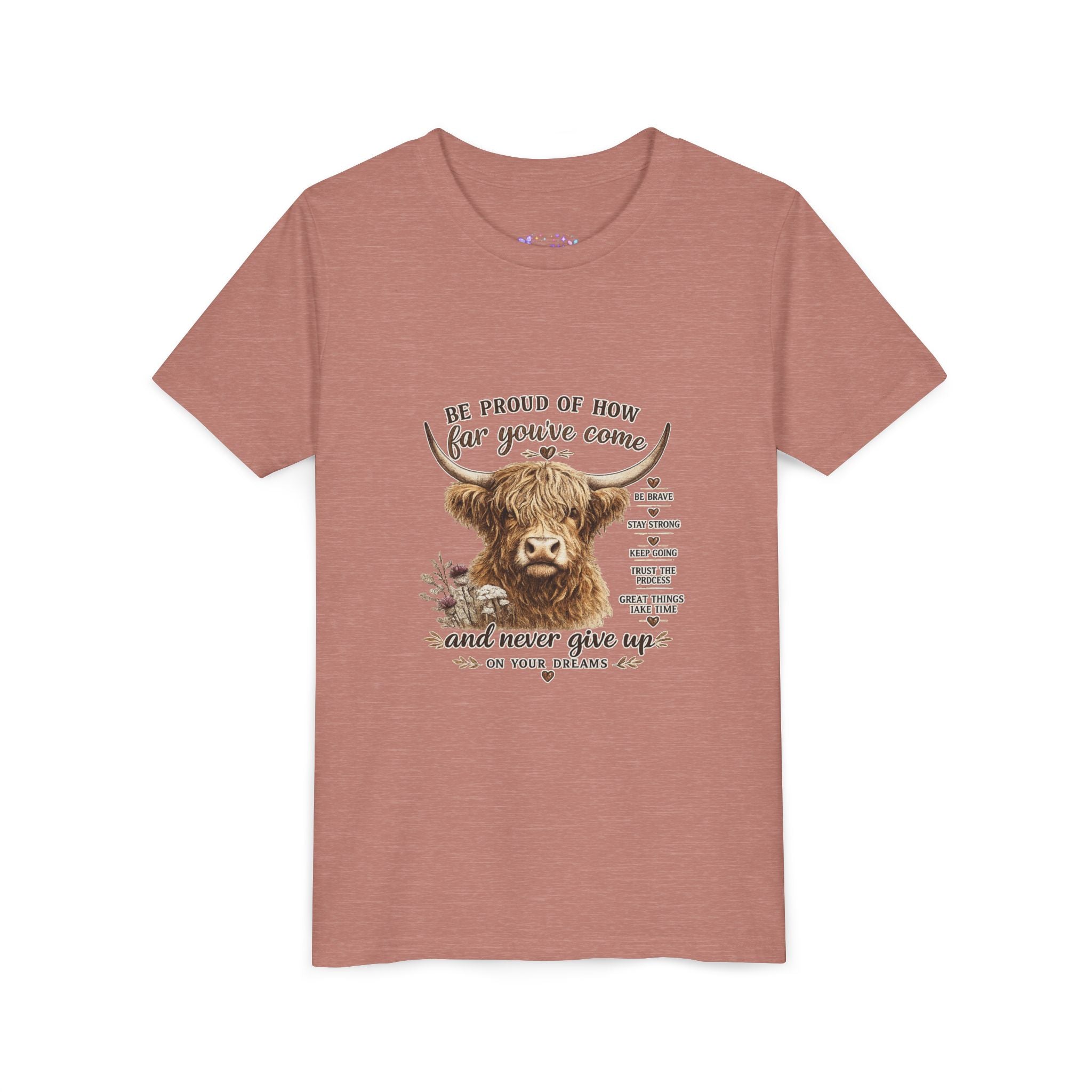 Highland Cow Kids T-Shirt | Be Proud of How Far You’ve Come Motivational Youth Tee | Inspirational Farm Animal Shirt for Boys & Girls