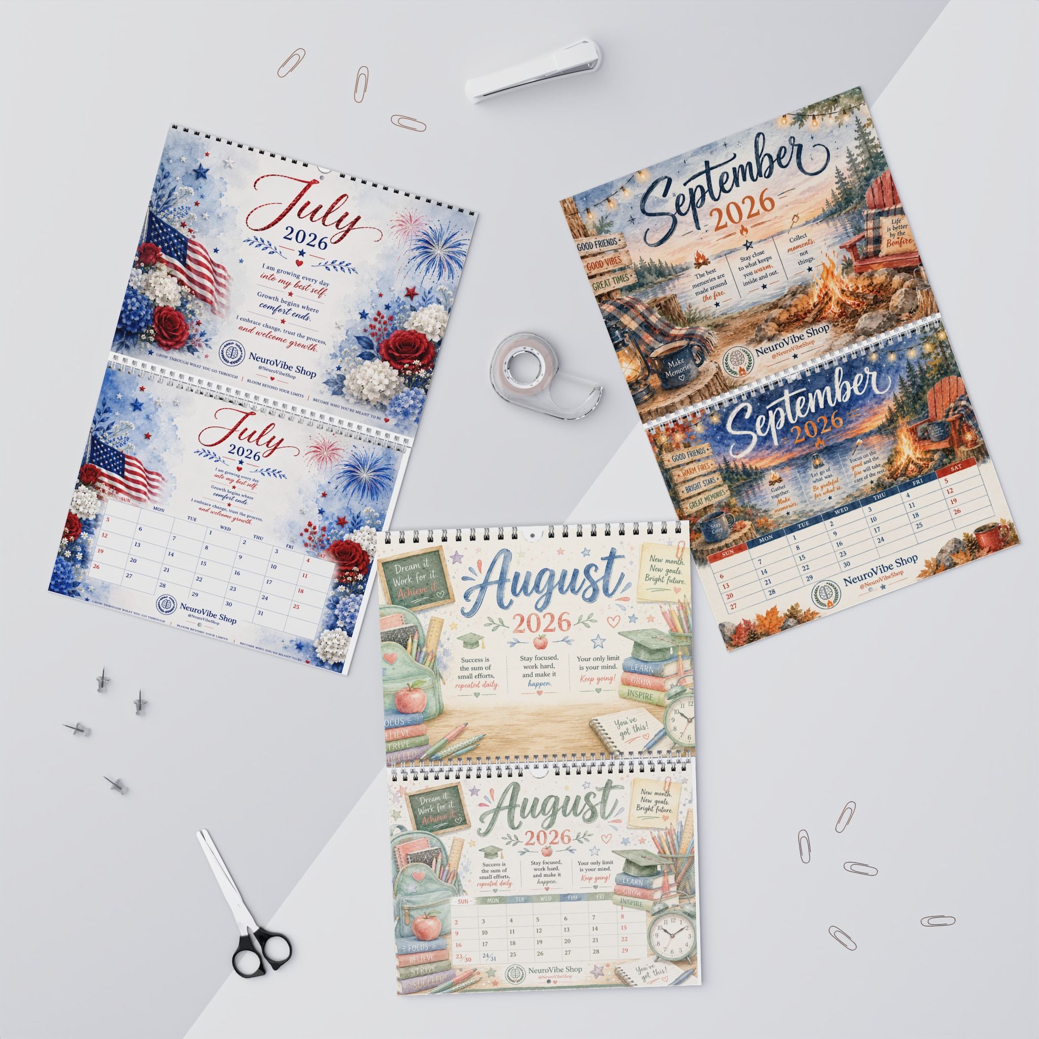 NeuroVibe 2026 Inspirational Wall Calendar | Watercolor Monthly Planner with Positive Affirmations, Mental Wellness Quotes, Purple Pastel Artwork & Organization Calendar