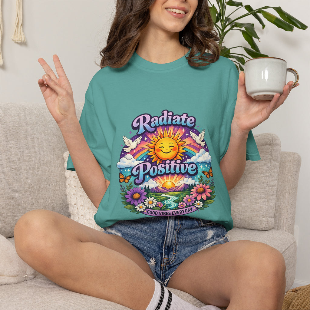 Radiate Positive Shirt – Groovy Purple & Teal Sunshine Floral Tee | Mental Health Awareness Gift