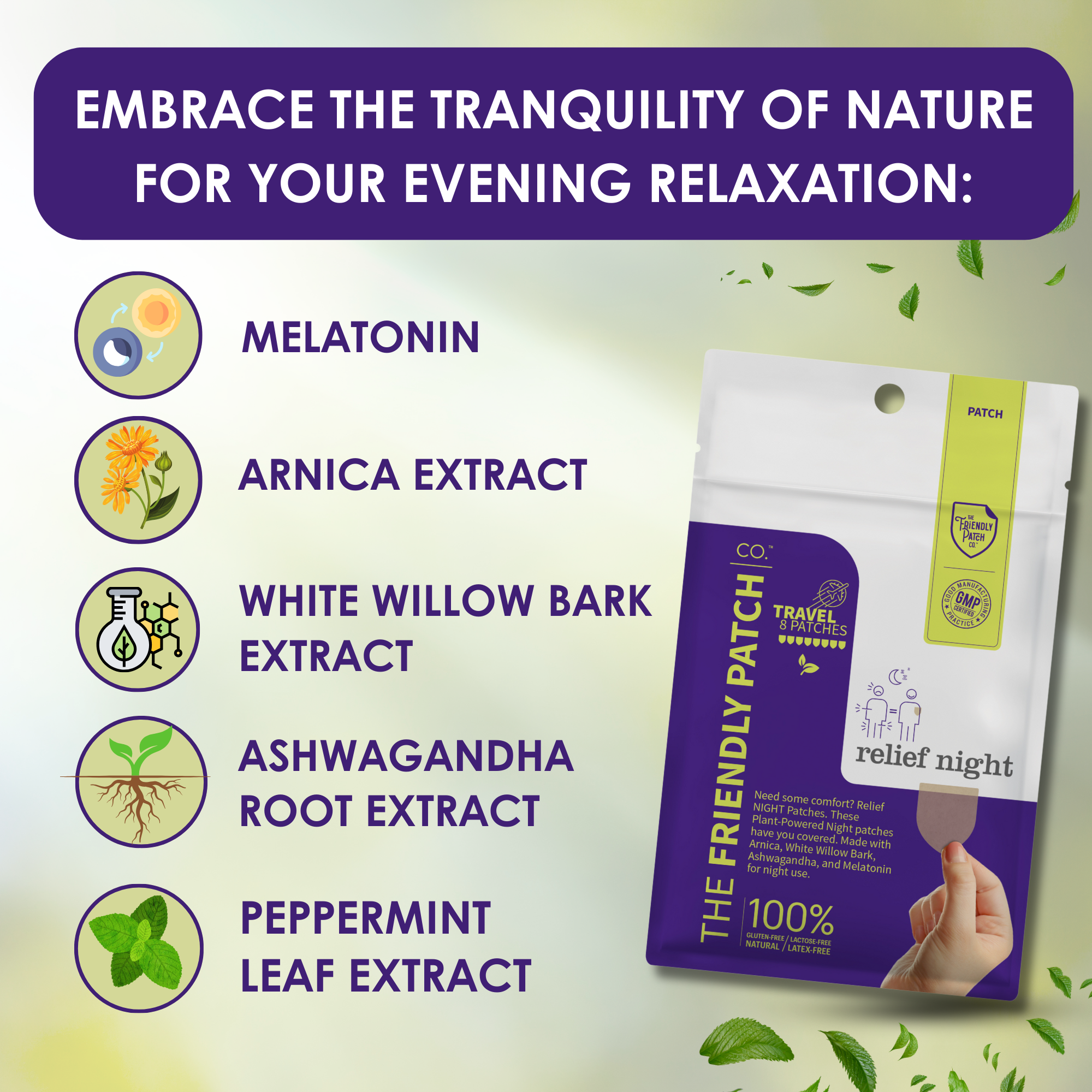🌱Relief Night Patch - 8 pack Arnica, White Willow Bark, Melatonin for Soreness for sleep