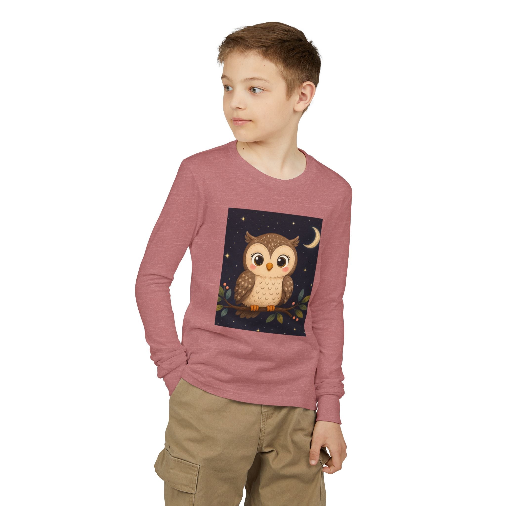 Cute Owl Youth Long Sleeve Shirt | Moon & Stars Night Owl Kids Graphic Tee | NeuroVibe Shop™