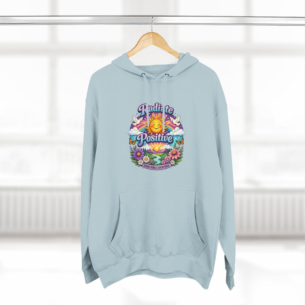 Radiate Positive Hoodie – Front Graphic with Cuddle Crew Back Design | Purple Teal Sunshine Hoodie | Positive Vibes Mental Health Apparel
