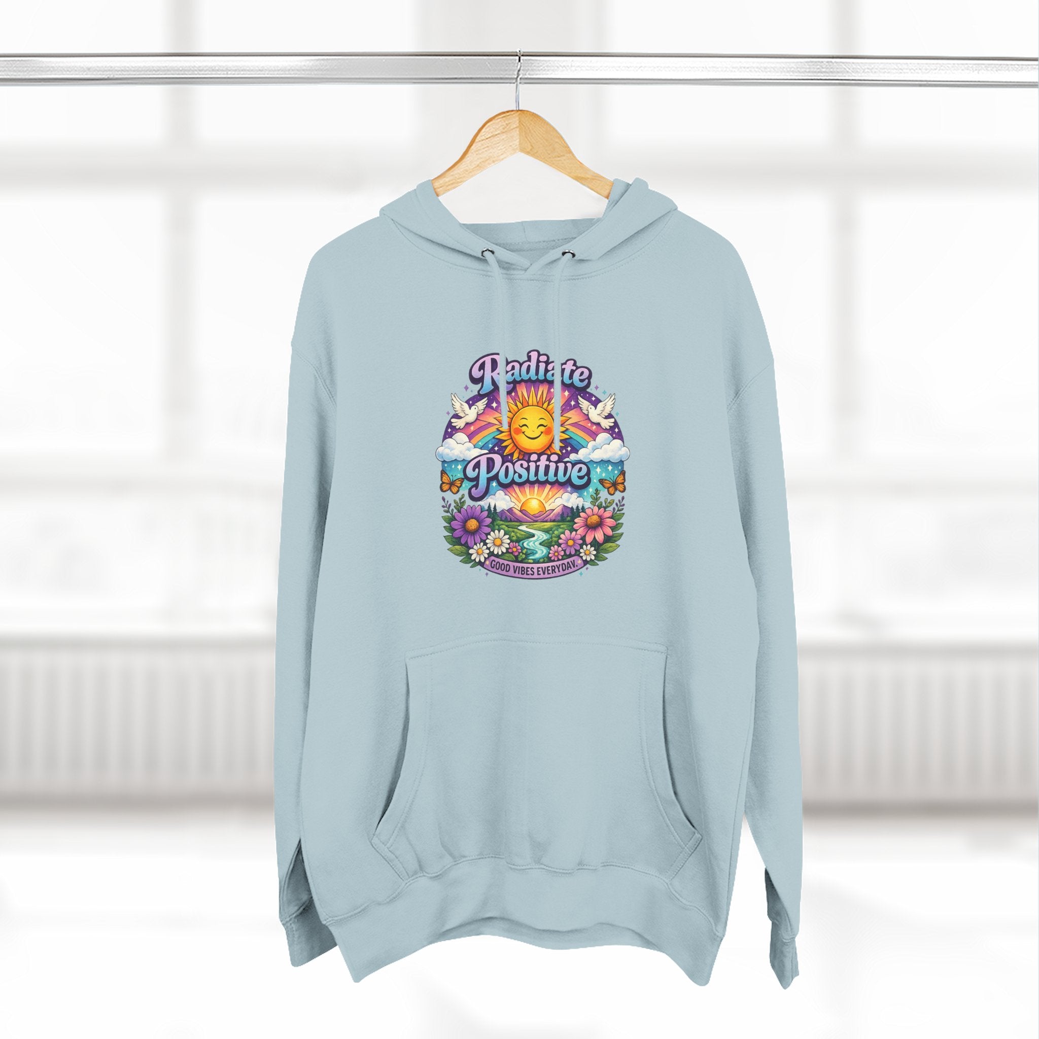 Radiate Positive Hoodie – Front Graphic with Cuddle Crew Back Design | Purple Teal Sunshine Hoodie | Positive Vibes Mental Health Apparel