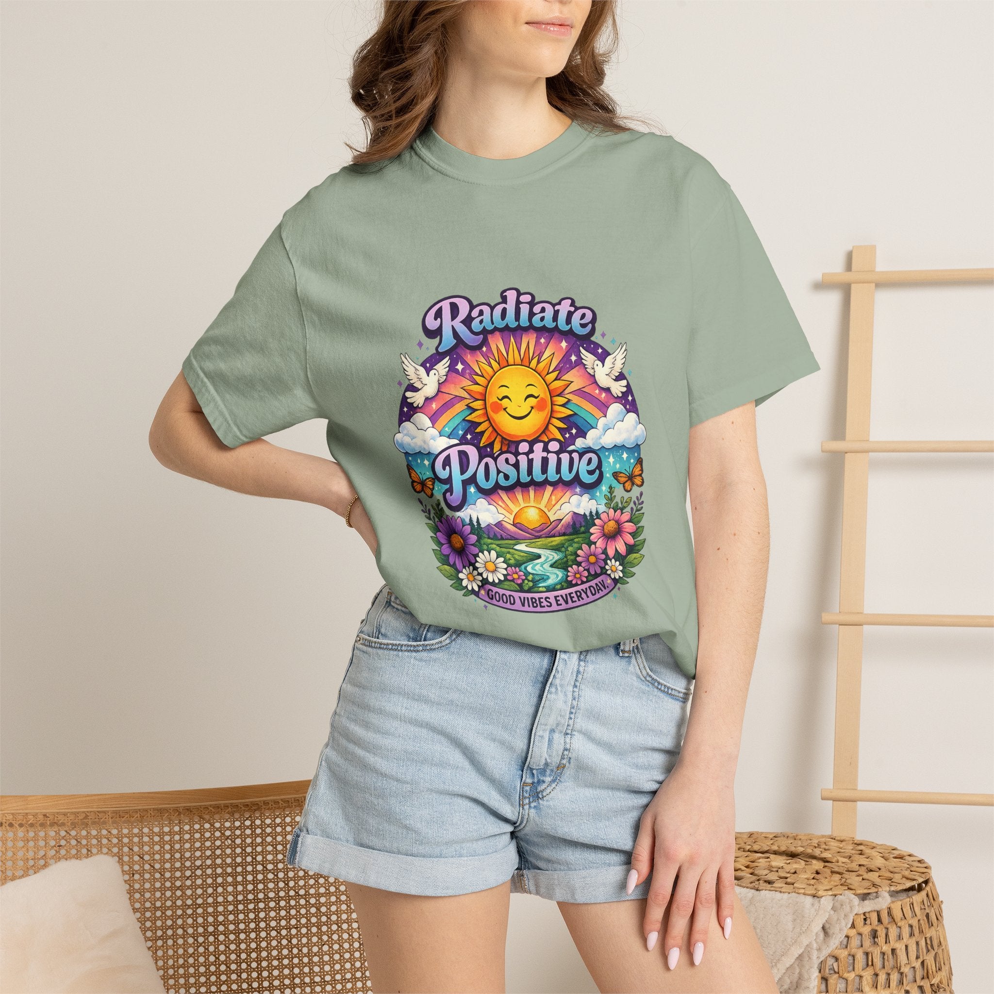 Radiate Positive Shirt – Groovy Purple & Teal Sunshine Floral Tee | Mental Health Awareness Gift