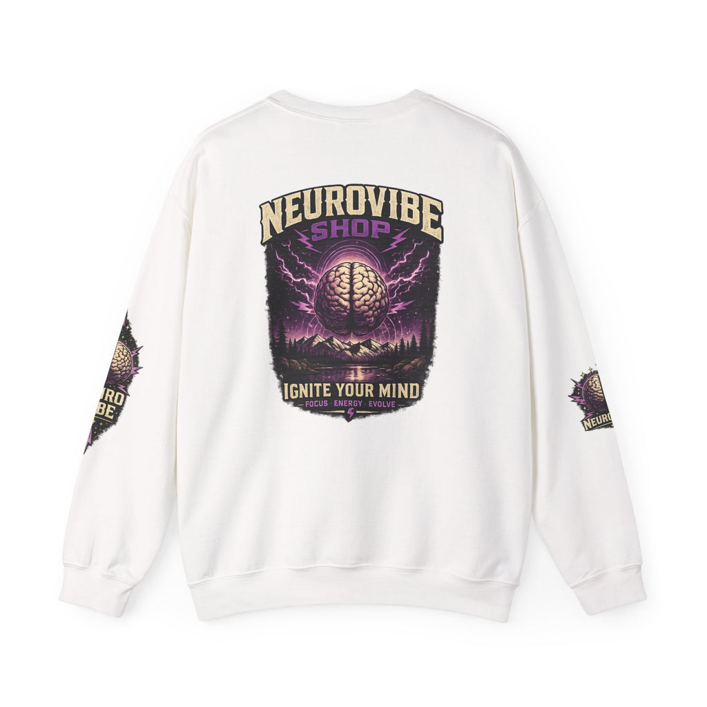 NeuroVibe Shop Ignite Your Mind Crewneck Sweatshirt | Purple Lightning Brain Graphic | Neurodiversity Awareness Pullover | Motivational Mental Health Apparel