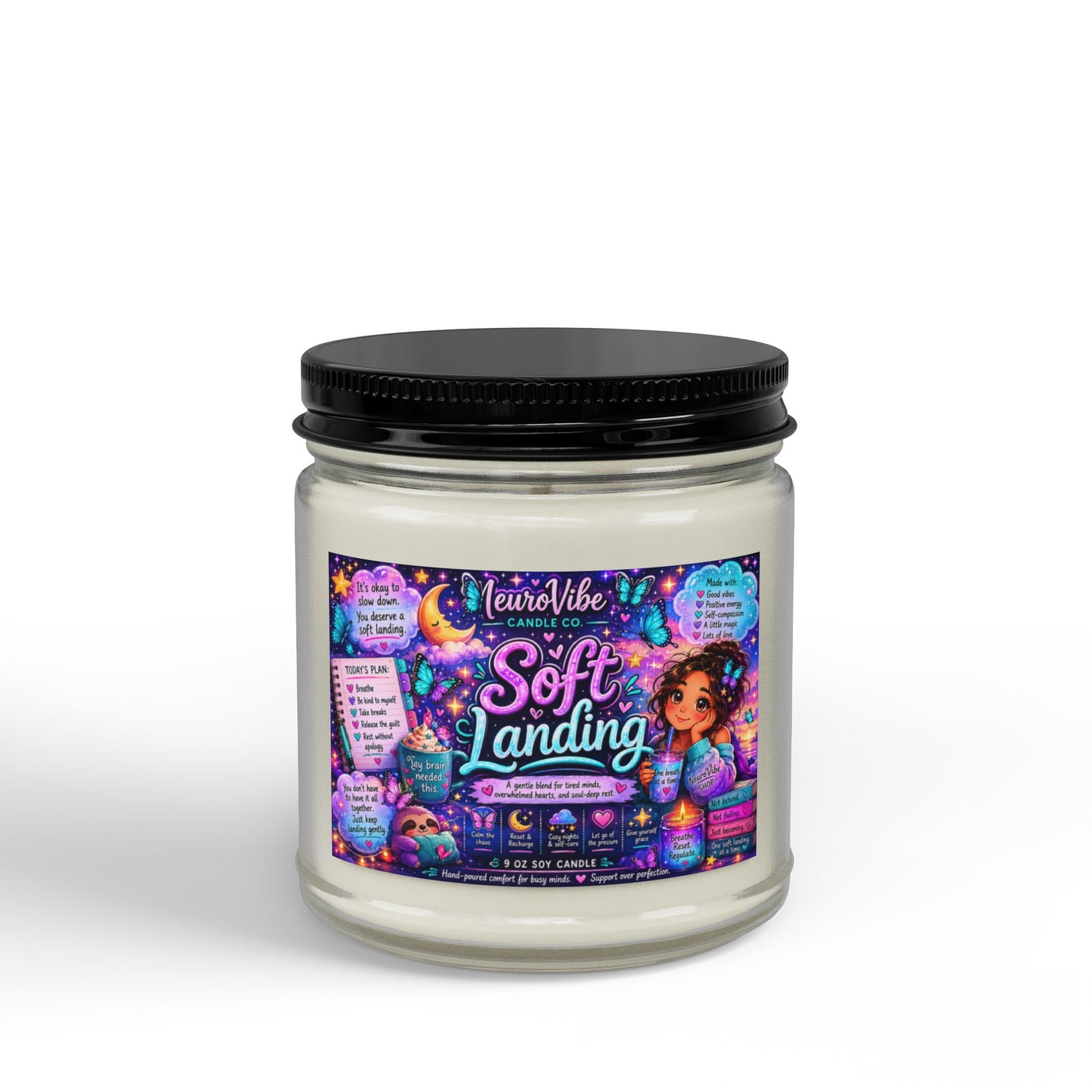 Soft Landing Scented Soy Candle — Calming Aromatherapy Jar (4oz & 9oz, Black Lid)