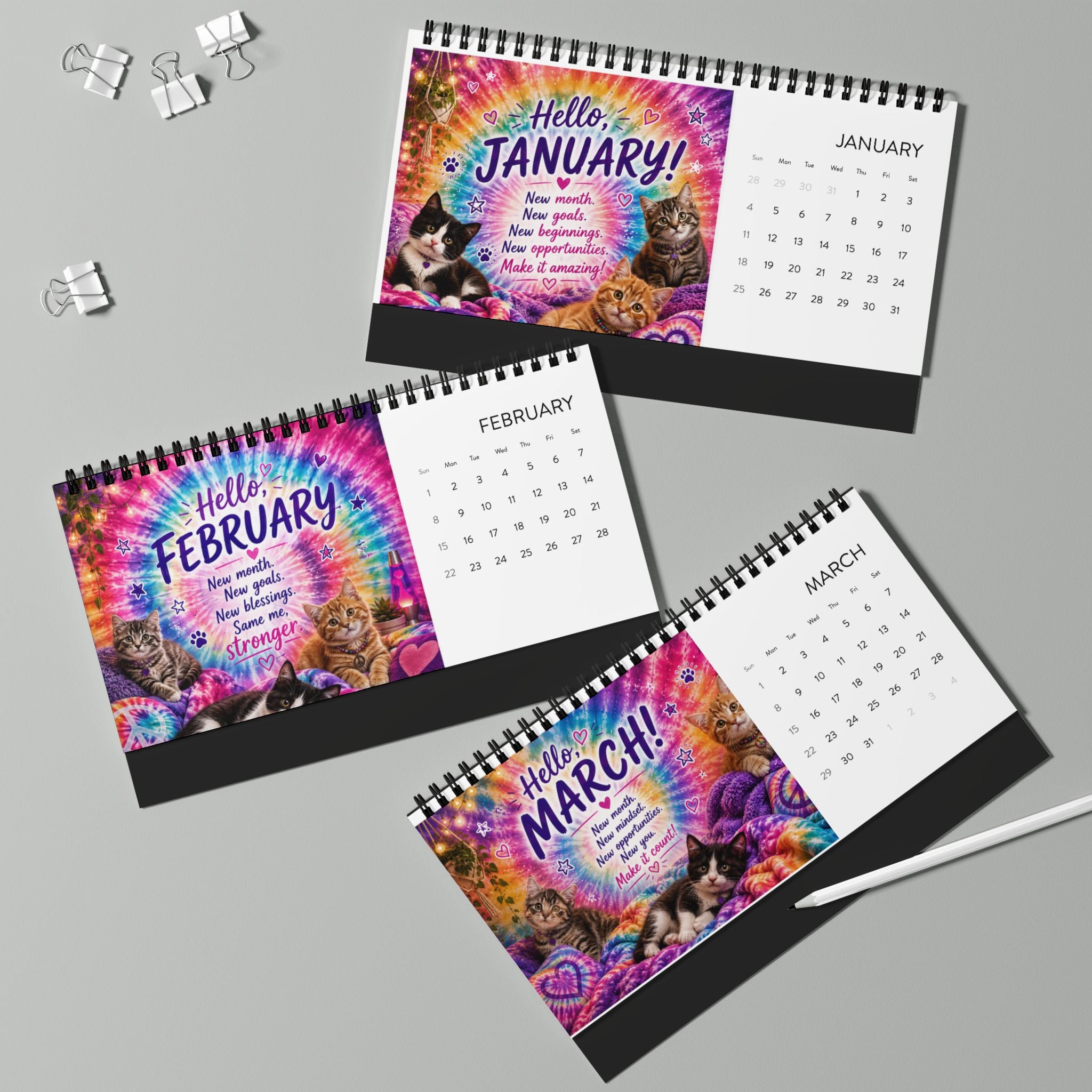 2026 Hello Kitty Vibes Desk Calendar | Tie Dye Cat Calendar | Monthly Inspirational Quotes | Colorful Kittens & Positive Vibes Gift