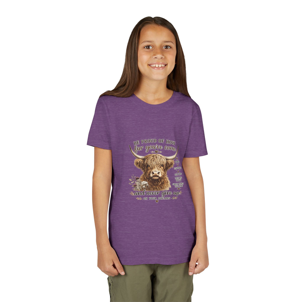 Highland Cow Kids T-Shirt | Be Proud of How Far You’ve Come Motivational Youth Tee | Inspirational Farm Animal Shirt for Boys & Girls