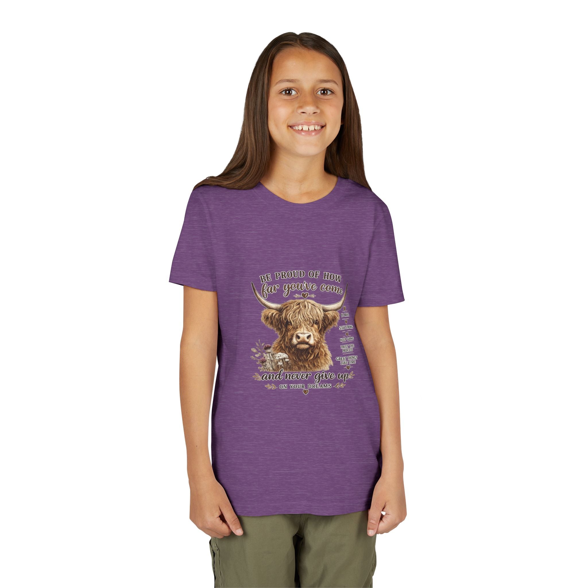 Highland Cow Kids T-Shirt | Be Proud of How Far You’ve Come Motivational Youth Tee | Inspirational Farm Animal Shirt for Boys & Girls