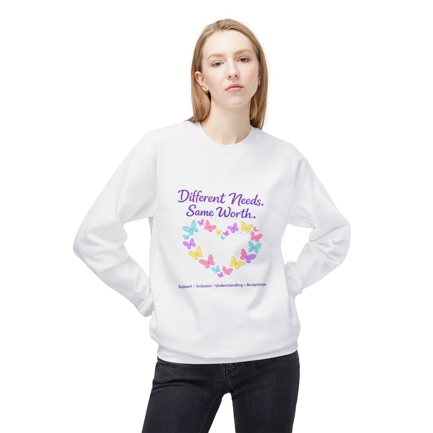 Different Needs Same Worth Crewneck | Special Needs Awareness Sweatshirt | Neurodiversity Acceptance Butterfly Sweatshirt | Inclusion Support Sweatshirt