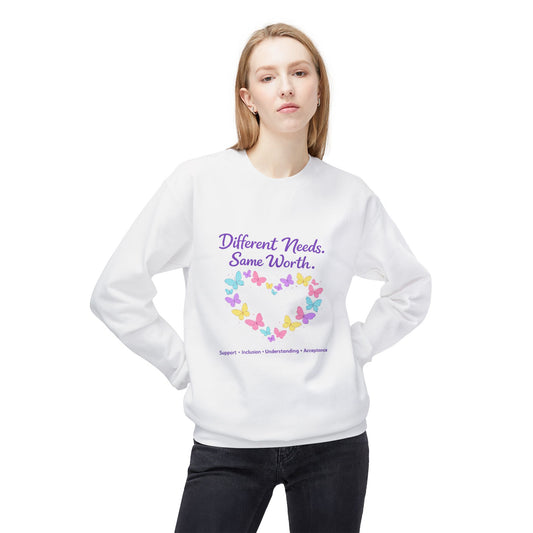 Different Needs Same Worth Crewneck | Special Needs Awareness Sweatshirt | Neurodiversity Acceptance Butterfly Sweatshirt | Inclusion Support Sweatshirt