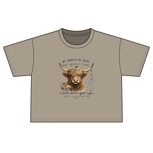 Motivational Highland Cow T-Shirt – Inspirational Western Country Graphic Tee | Be Proud of How Far You’ve Come | Rustic Farmhouse Positive Mindset Shirt
