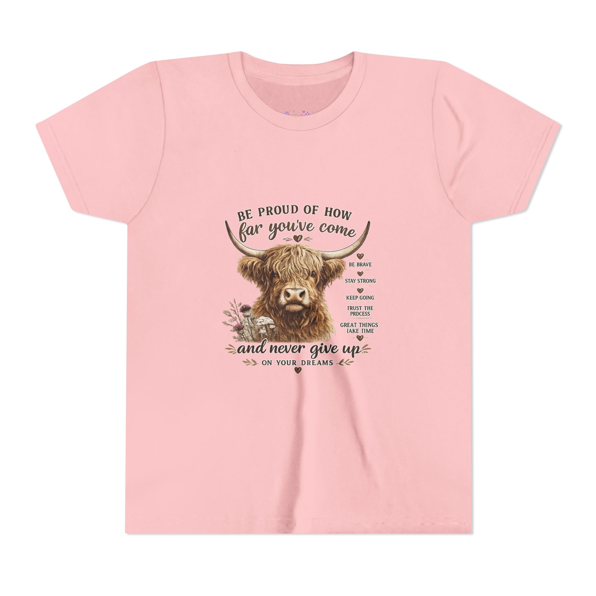 Highland Cow Kids T-Shirt | Be Proud of How Far You’ve Come Motivational Youth Tee | Inspirational Farm Animal Shirt for Boys & Girls
