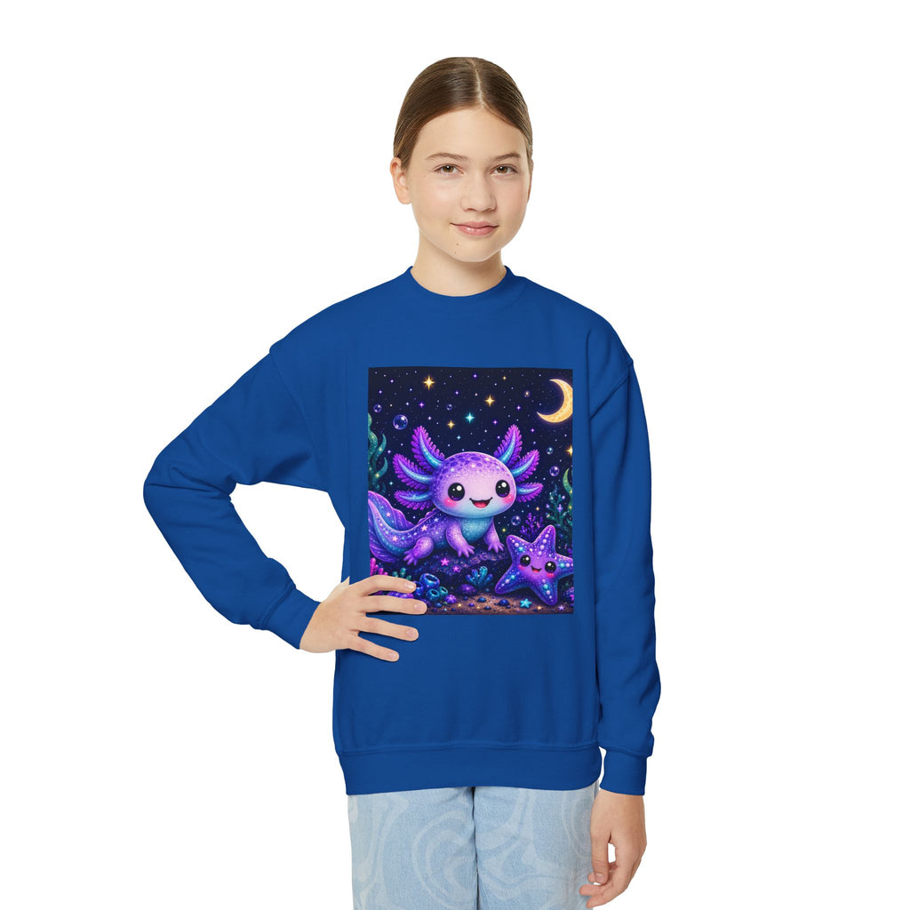 Axolotl Moonlight Youth Crewneck Sweatshirt | Cute Kawaii Night Sky Kids Pullover | NeuroVibe Shop™