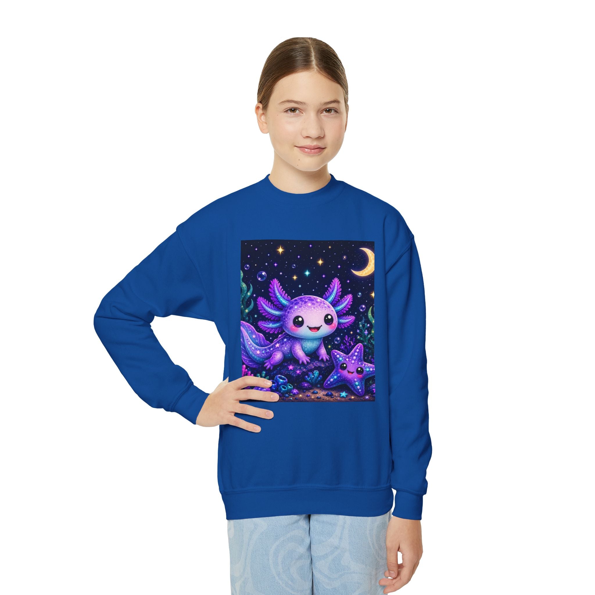 Axolotl Moonlight Youth Crewneck Sweatshirt | Cute Kawaii Night Sky Kids Pullover | NeuroVibe Shop™