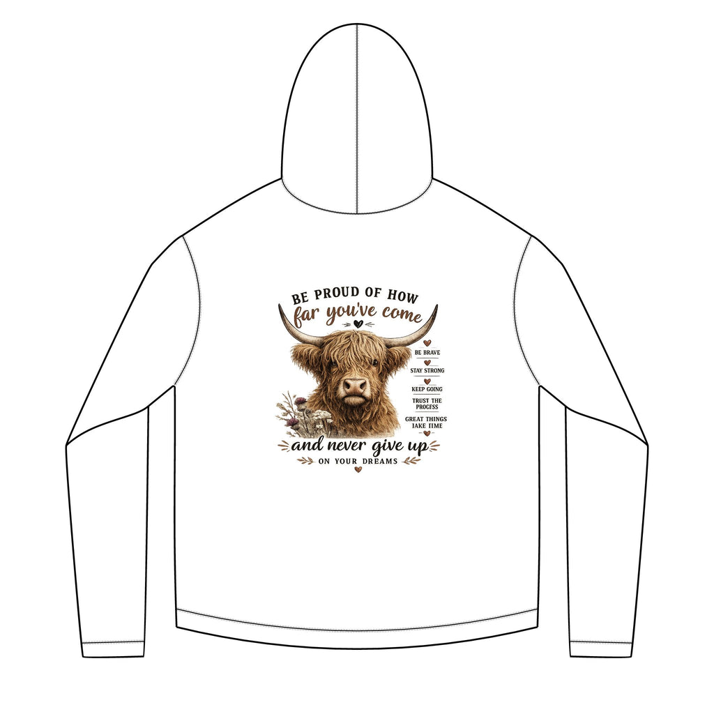 Unisex Sailor Hoodie – Motivational Highland Cow Graphic Hoodie | Be Proud of How Far You’ve Come | Cozy Country Western Sweatshirt