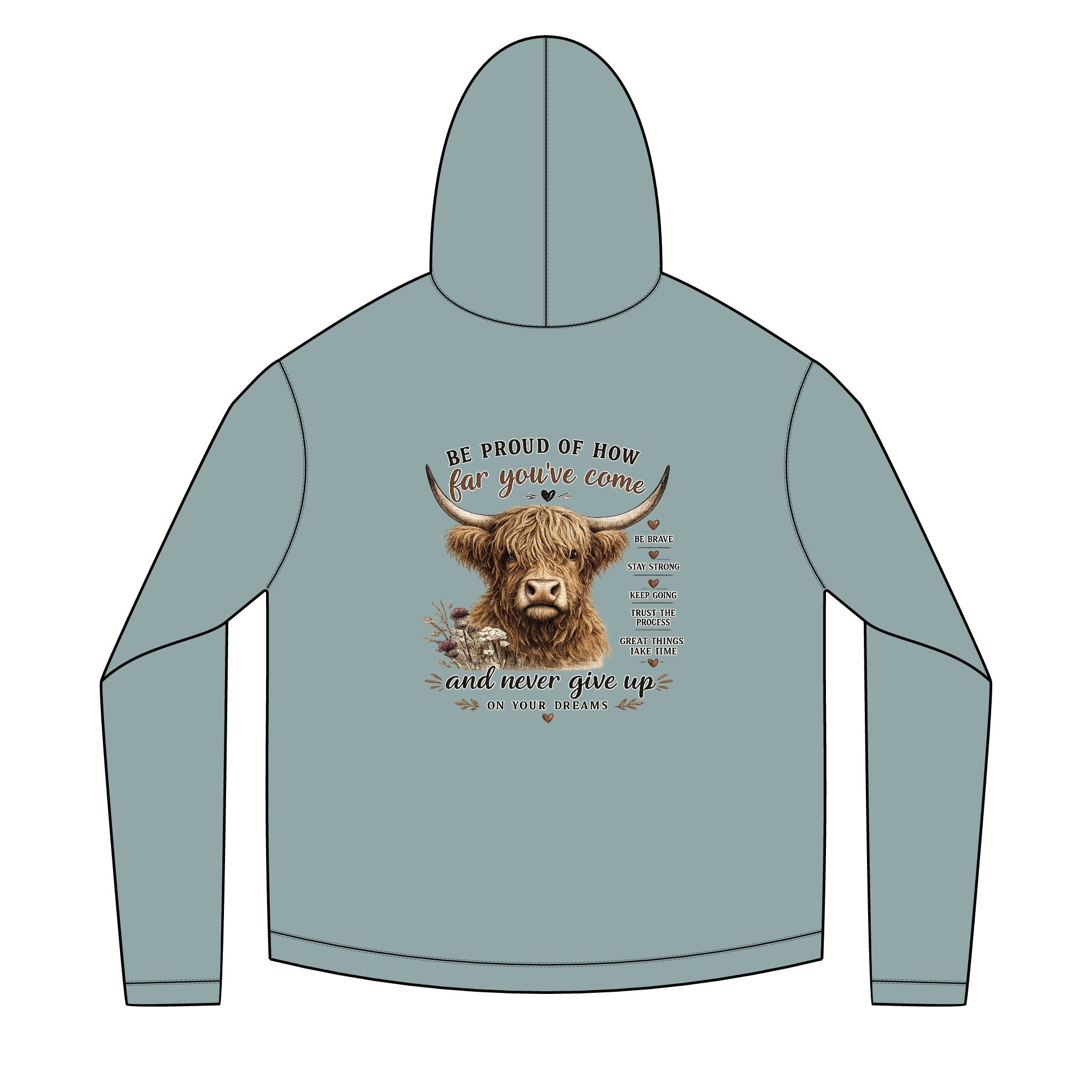 Unisex Sailor Hoodie – Motivational Highland Cow Graphic Hoodie | Be Proud of How Far You’ve Come | Cozy Country Western Sweatshirt