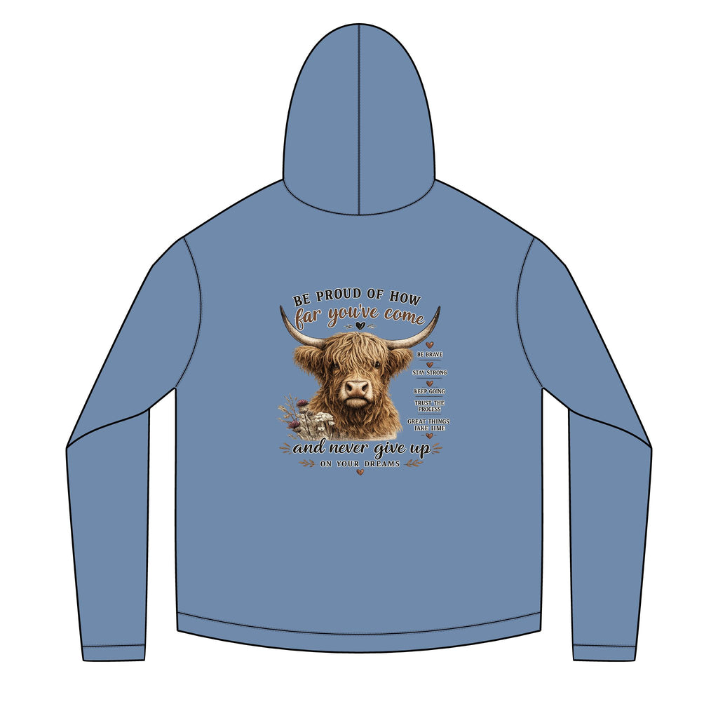 Unisex Sailor Hoodie – Motivational Highland Cow Graphic Hoodie | Be Proud of How Far You’ve Come | Cozy Country Western Sweatshirt