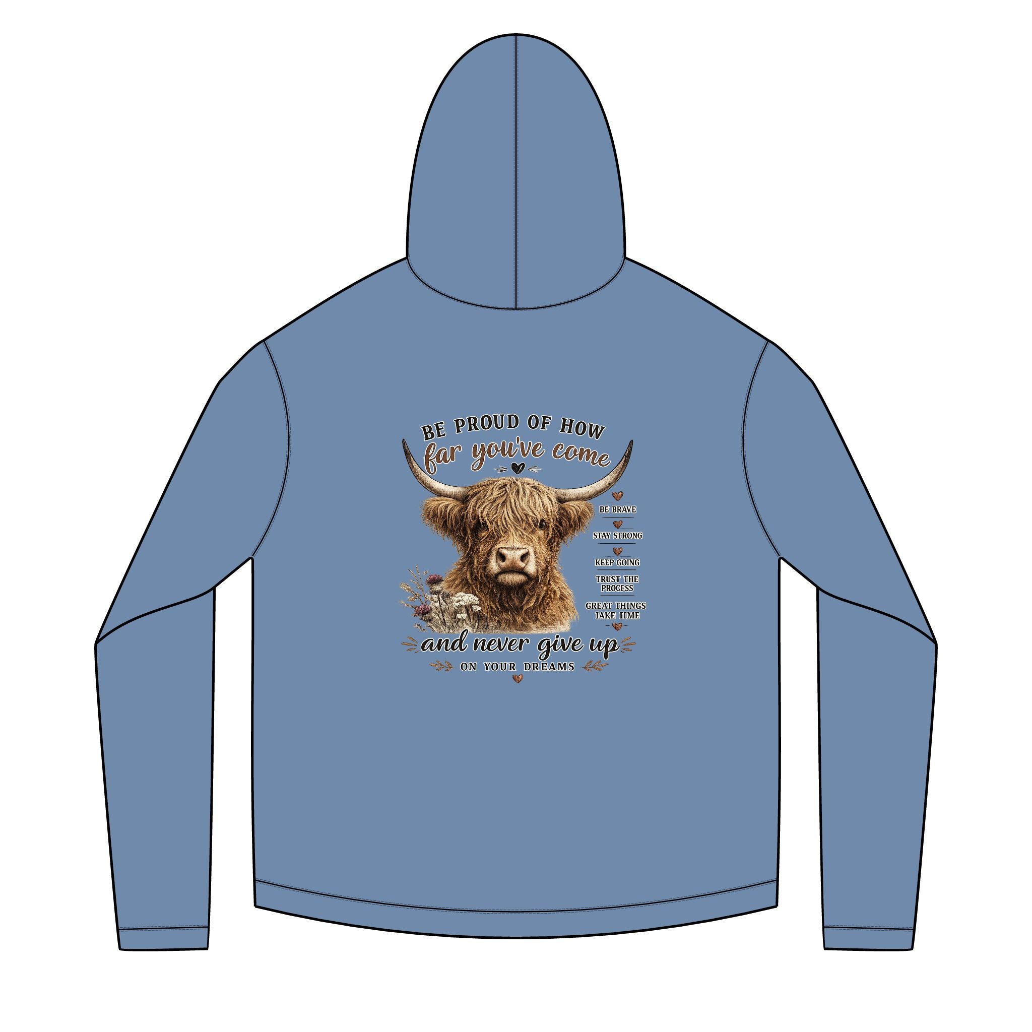 Unisex Sailor Hoodie – Motivational Highland Cow Graphic Hoodie | Be Proud of How Far You’ve Come | Cozy Country Western Sweatshirt