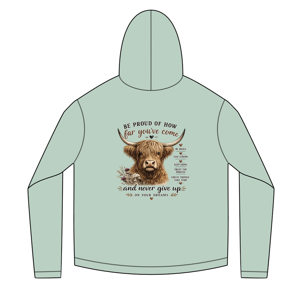 Unisex Sailor Hoodie – Motivational Highland Cow Graphic Hoodie | Be Proud of How Far You’ve Come | Cozy Country Western Sweatshirt