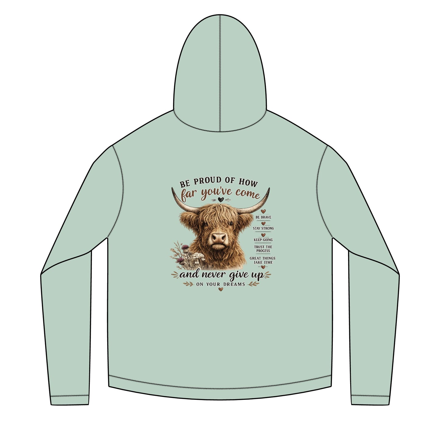 Unisex Sailor Hoodie – Motivational Highland Cow Graphic Hoodie | Be Proud of How Far You’ve Come | Cozy Country Western Sweatshirt