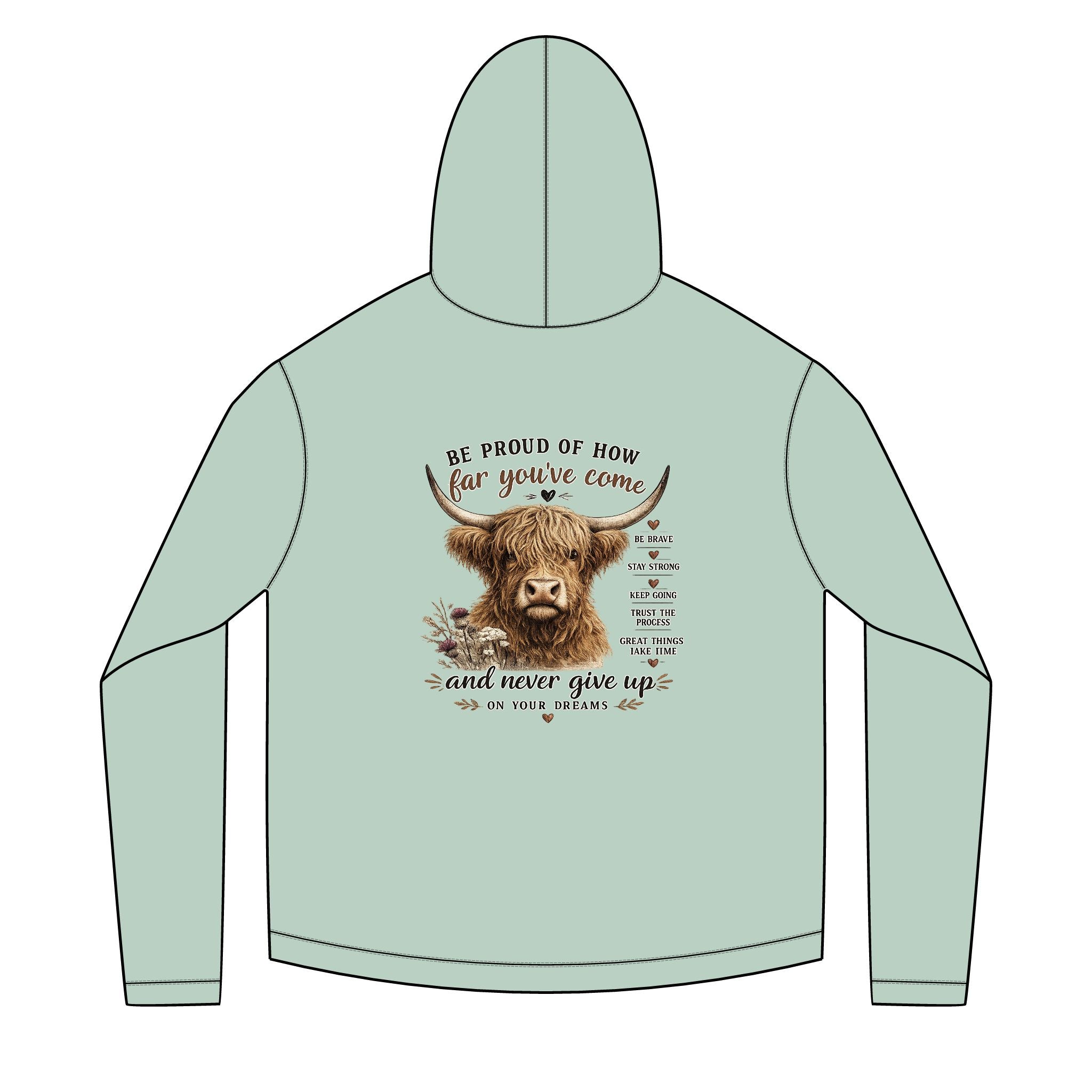 Unisex Sailor Hoodie – Motivational Highland Cow Graphic Hoodie | Be Proud of How Far You’ve Come | Cozy Country Western Sweatshirt
