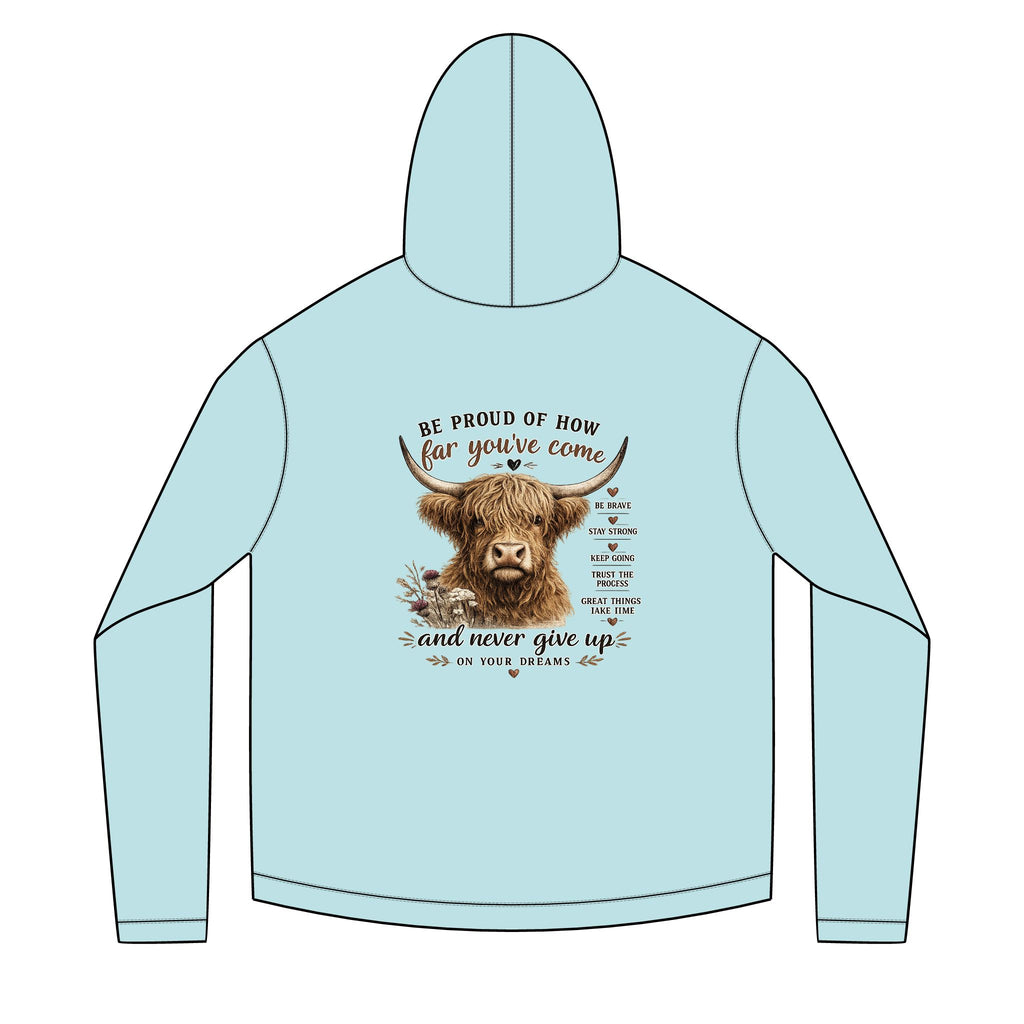 Unisex Sailor Hoodie – Motivational Highland Cow Graphic Hoodie | Be Proud of How Far You’ve Come | Cozy Country Western Sweatshirt