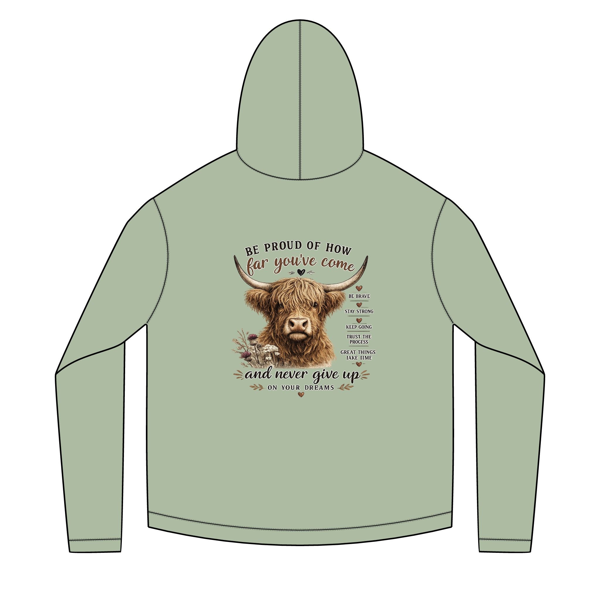 Unisex Sailor Hoodie – Motivational Highland Cow Graphic Hoodie | Be Proud of How Far You’ve Come | Cozy Country Western Sweatshirt