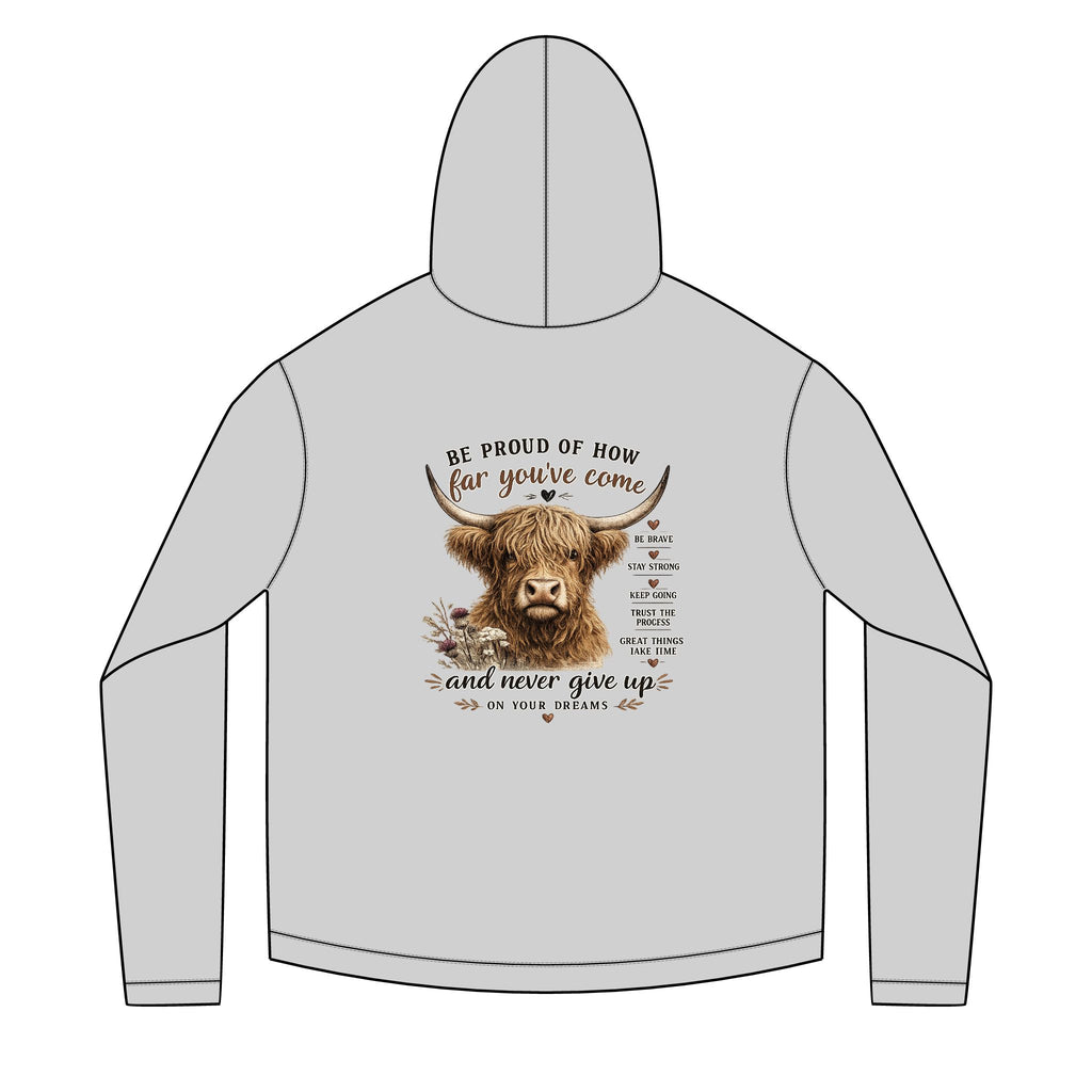 Unisex Sailor Hoodie – Motivational Highland Cow Graphic Hoodie | Be Proud of How Far You’ve Come | Cozy Country Western Sweatshirt