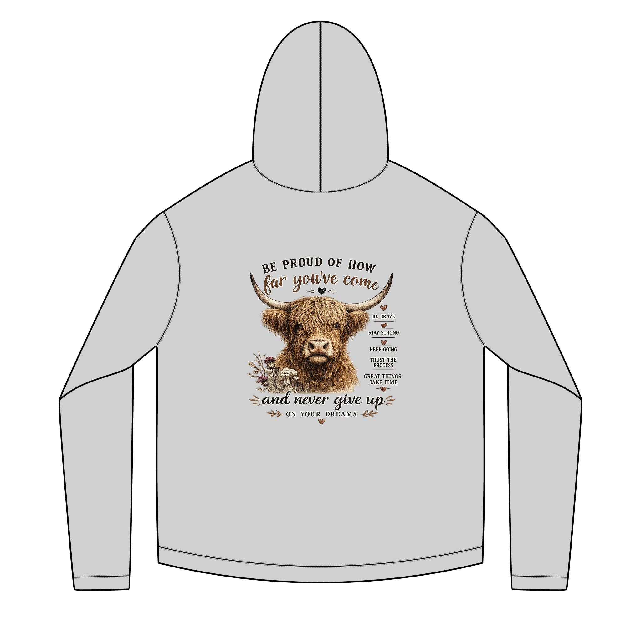 Unisex Sailor Hoodie – Motivational Highland Cow Graphic Hoodie | Be Proud of How Far You’ve Come | Cozy Country Western Sweatshirt