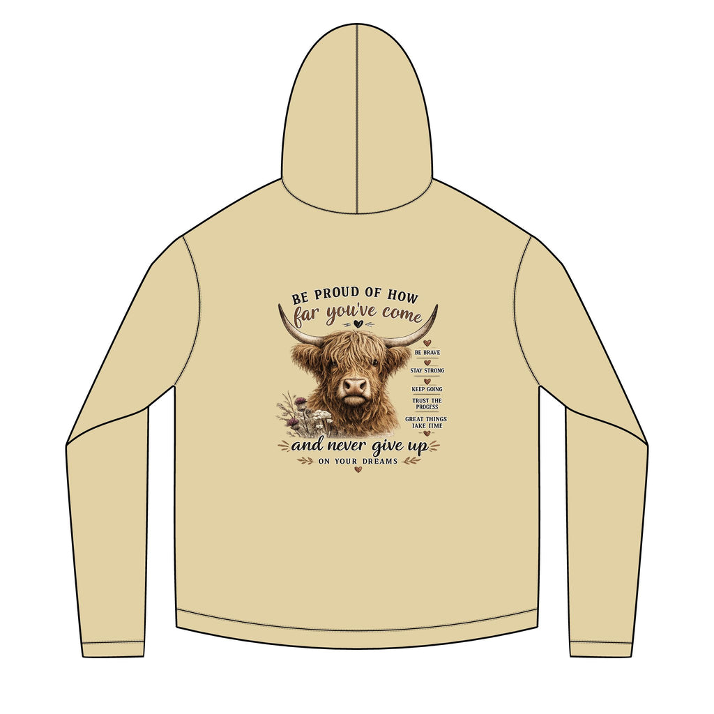 Unisex Sailor Hoodie – Motivational Highland Cow Graphic Hoodie | Be Proud of How Far You’ve Come | Cozy Country Western Sweatshirt
