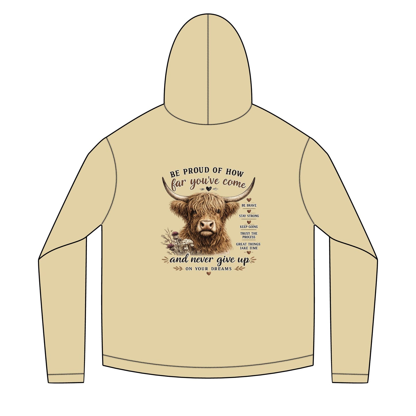 Unisex Sailor Hoodie – Motivational Highland Cow Graphic Hoodie | Be Proud of How Far You’ve Come | Cozy Country Western Sweatshirt