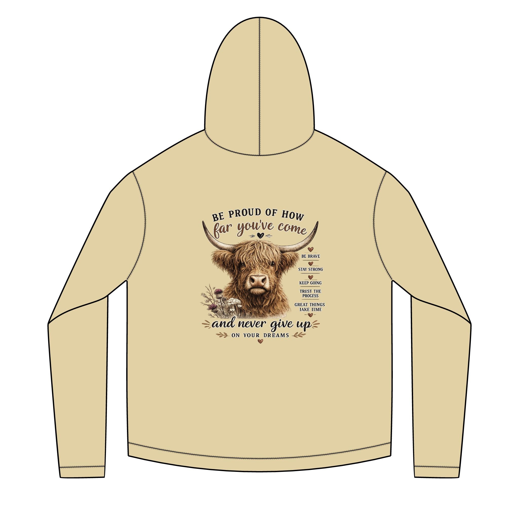 Unisex Sailor Hoodie – Motivational Highland Cow Graphic Hoodie | Be Proud of How Far You’ve Come | Cozy Country Western Sweatshirt