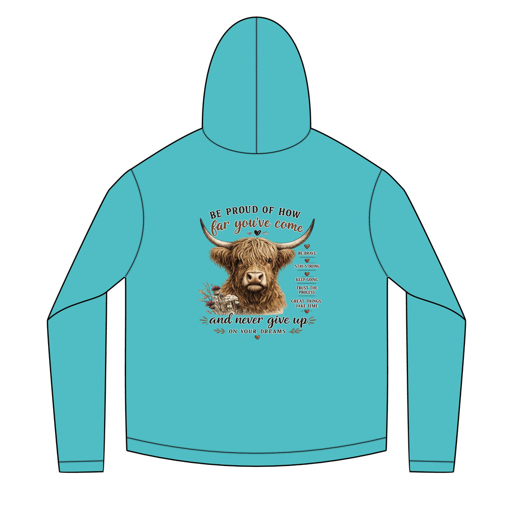 Unisex Sailor Hoodie – Motivational Highland Cow Graphic Hoodie | Be Proud of How Far You’ve Come | Cozy Country Western Sweatshirt